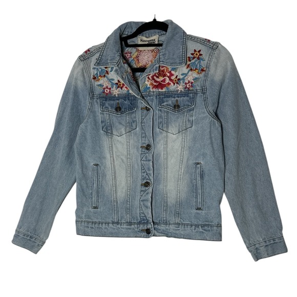 Savanna Jane Denim Jean Jacket Medium Embroidered Floral Boho Artisan Western - Picture 2 of 10